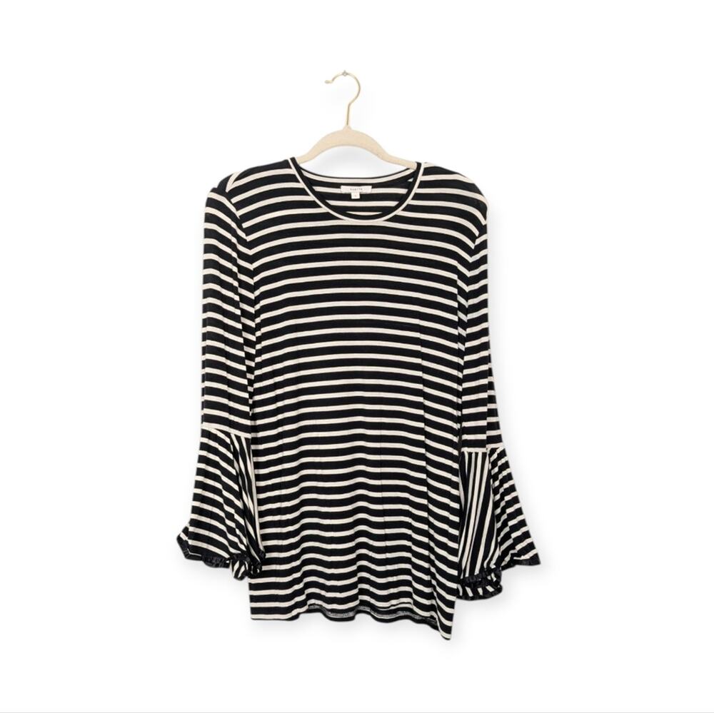 Maette Stella Dot Avery Top L Black White Stripe Bell Sleeve Knit Casual Chic